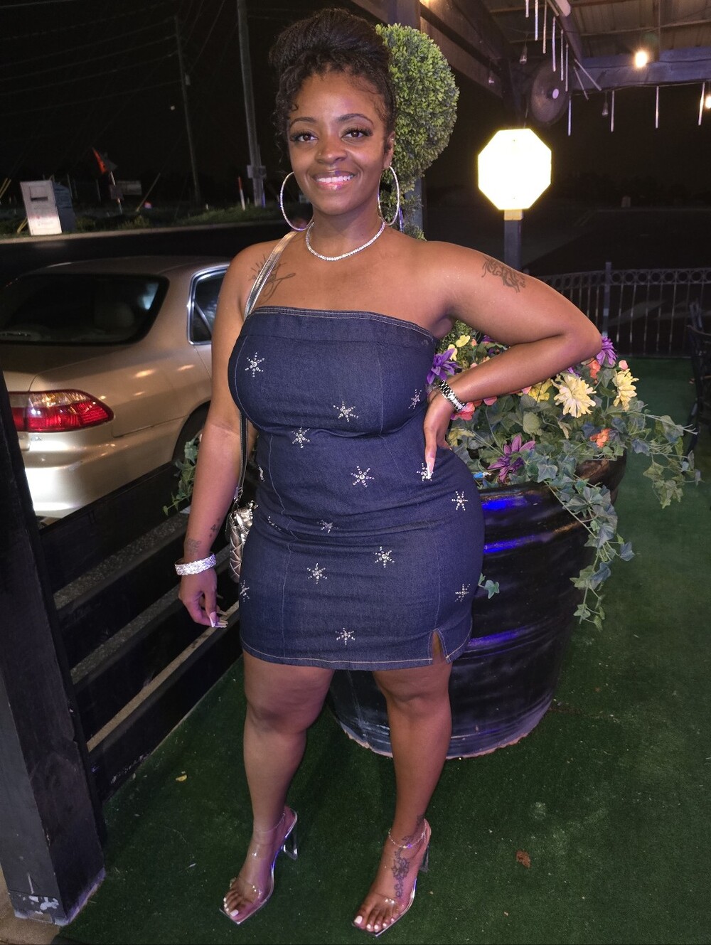 Fashion Nova Dark Blue Strapless Denim Mini Dress with Embellished Stars